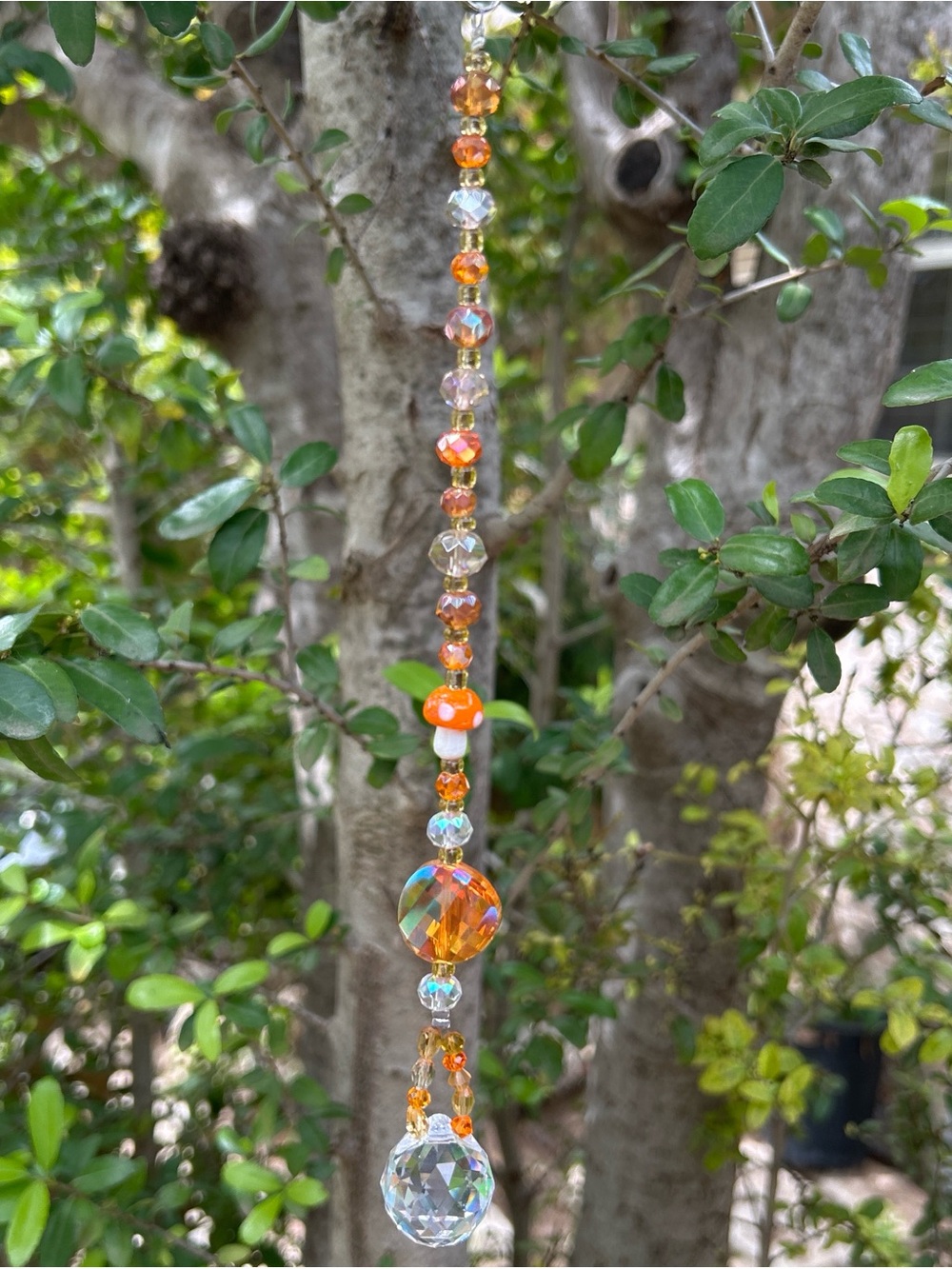 11.75” handmade orange mushroom crystal beaded strand suncatcher